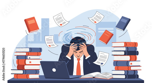 Overwhelmed businessman with hands on head surrounded by falling books and papers in a chaotic office setting.