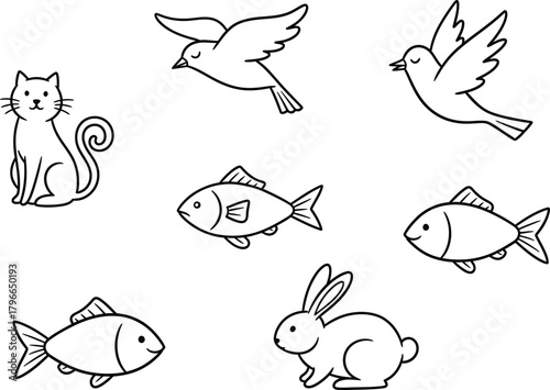 Charming hand drawn sketch collection of a sitting cat two flying birds three fish and a cute rabbit on a white background