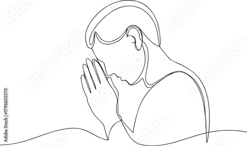 Single line drawing of a person praying with hands together