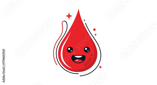 A cute, happy red blood drop character with wide eyes and an open mouth on a white background.