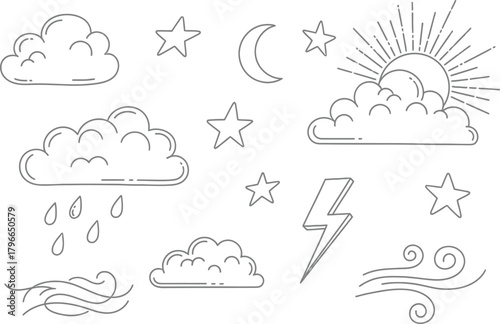 Collection of hand drawn weather icons featuring clouds sun moon stars rain lightning and wind for weather forecasts and designs