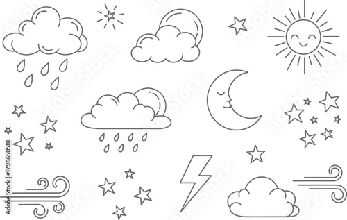 Collection of hand drawn weather icons including sun moon clouds rain stars lightning and wind for forecasting and meteorology