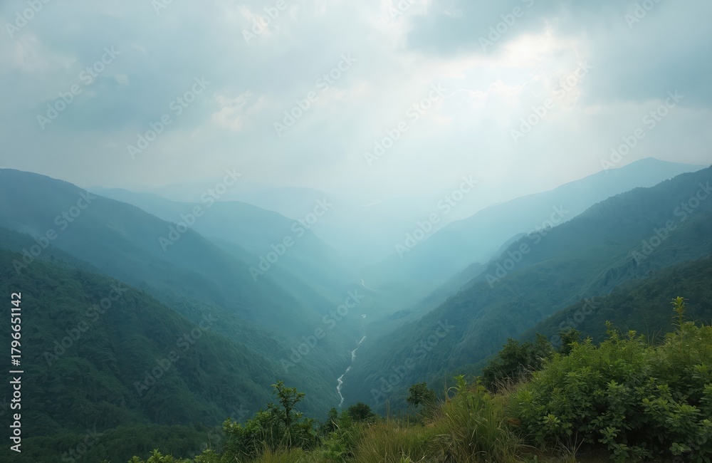Obraz premium Mountain valley with river flowing through green slopes under hazy sky. Layers of blue mountains recede into distance. Tall grass and foliage in foreground.