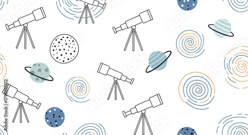 Seamless pattern with telescopes, planets, and swirling galaxies in a playful hand-drawn style.