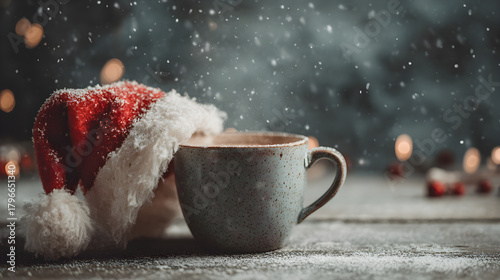Santa hat placed beside hot cocoa, shallow depth focus and nostalgic winter comfort