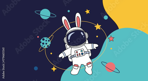 Cute astronaut rabbit floating in colorful outer space among planets and stars.
