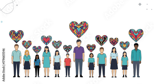 A diverse group of people of various ages and ethnicities stand together under decorative hearts.
