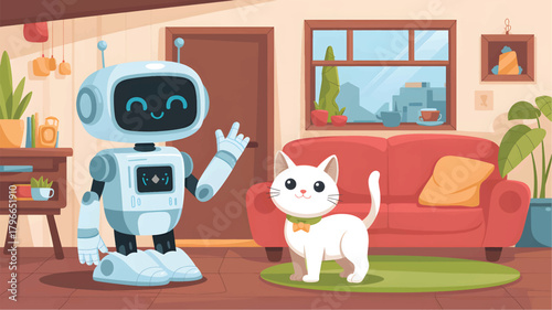 Friendly robot and white cat in a cozy living room