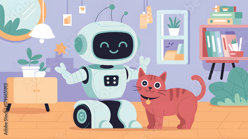 Friendly robot and cat in a cozy room domestic
