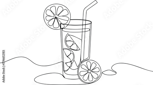 Single line drawing of a tall glass of iced drink with citrus slices and straw