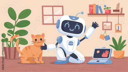 Friendly robot and orange cat in a cozy room animal