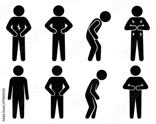 Standing male figure silhouette collection showing various posture gestures in simple minimal icon style, clean black pictogram set suitable for infographics, signage, instructions 