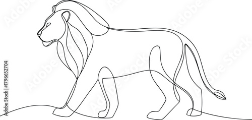 Single line drawing of a walking lion with mane animal