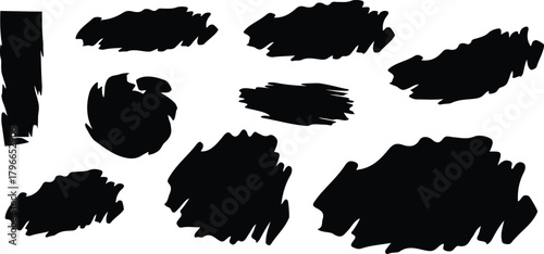 Abstract black ink brush strokes and paint smears collection with distressed grunge textured design elements.