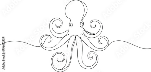 Single line drawing of an octopus with swirling tentacles