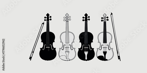 Four violins and bows arranged in a row on a white background