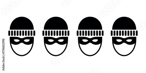 Four identical silhouette icons of a masked bandit wearing a beanie