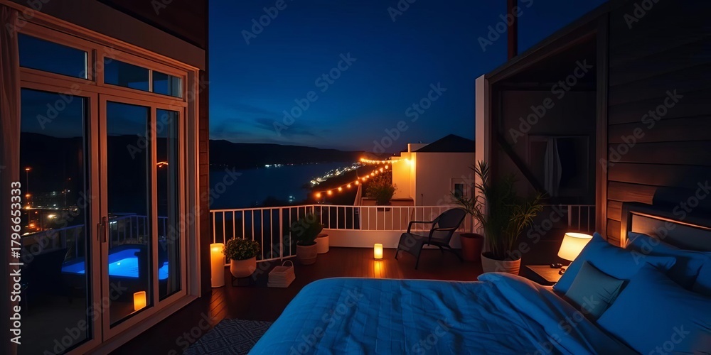 Fototapeta premium Night view of cozy bedroom with terrace lights glowing, outdoor, sheets