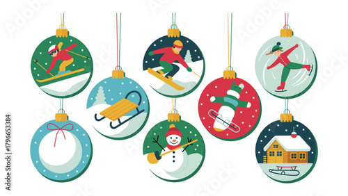 Winter Ornaments: Festive holiday ornaments showcasing winter sports activities, adding a touch of seasonal cheer and celebratory spirit.