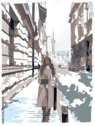 Sketch-style impressionnist painting,Foreign female tourists strolling in downtown Shanghai, China,Digital illustration vector image