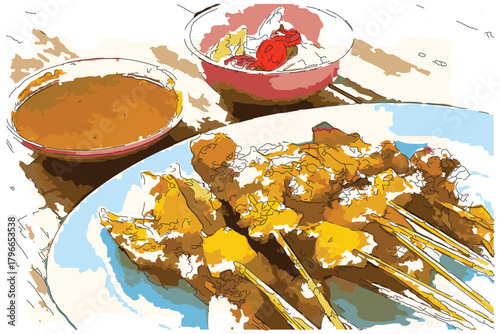Sketch-style impressionnist painting,Grilled Pork Satay,Digital illustration vector image