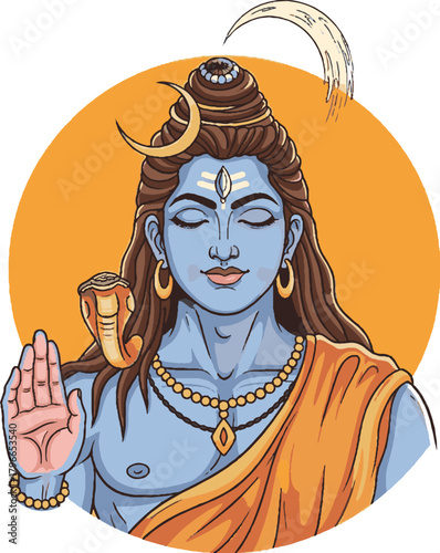 A detailed vector illustration of Lord Shiva created in a traditional artistic style for the celebration of Maha Shivratri. The design features symbolic elements such as the trident, crescent moon