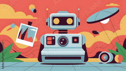 Retro robot with instant camera and photo photography