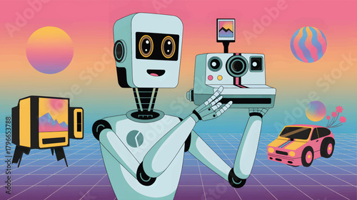 Retro robot holding instant camera with vintage car and camera