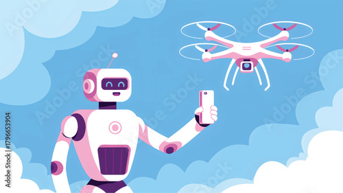Friendly robot controlling drone with smartphone in blue sky