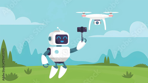 Cartoon robot holding camera with drone flying in sky