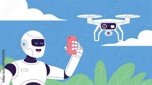 Robot holding smartphone controls flying drone in blue sky
