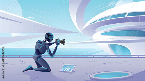 Robot photographer kneels by futuristic building android
