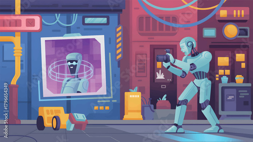 Robot taking photo of robot portrait in futuristic city