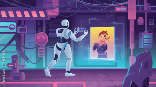 Robot examining holographic image of a woman in futuristic lab