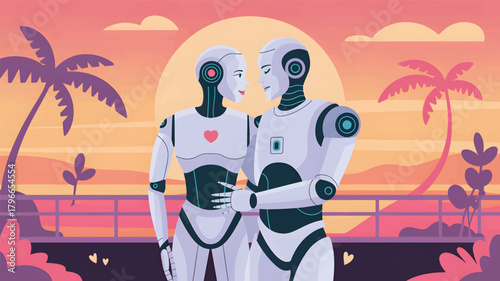 Two robots embracing at sunset with palm trees android