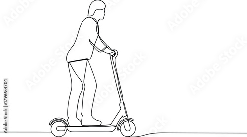 Single line drawing of person riding electric scooter