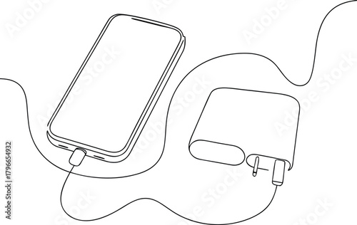 Smartphone and power bank connected by cables line art