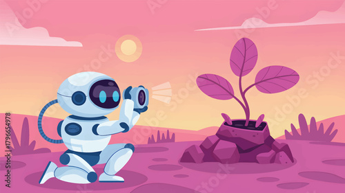 Robot watering a plant on a pink alien planet vector