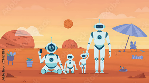 Family of robots on a desert planet with plants and umbrella