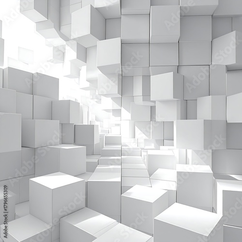 An abstract, stark composition made entirely of white cubes creating a tunnel or architectural structure