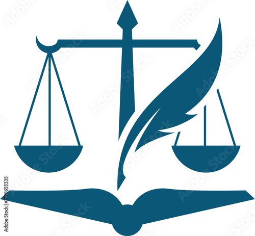 scale of justice with feather pen and book combination logo icon  design.