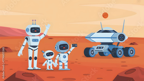 Three robots and rover on mars planet surface space