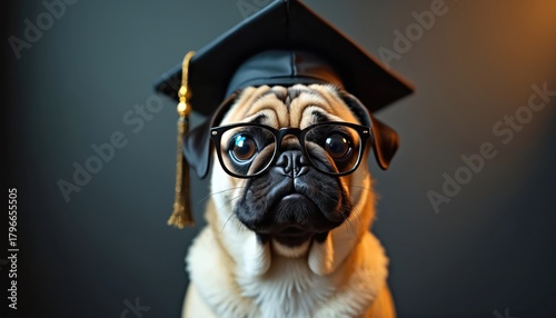 A pug wears a graduation cap and glasses. This funny dog looks intelligent and ready for academic success. He is dressed for a graduation celebration.