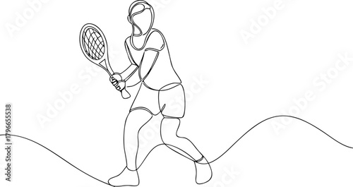 Tennis player hitting ball continuous line drawing