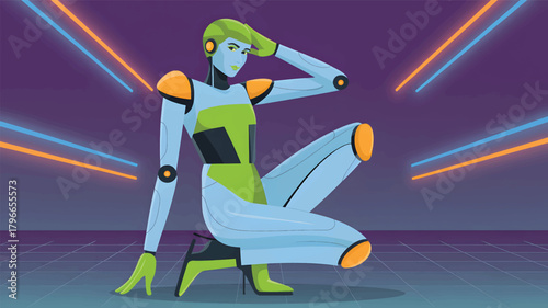 Blue robot woman in green outfit posing with neon lights