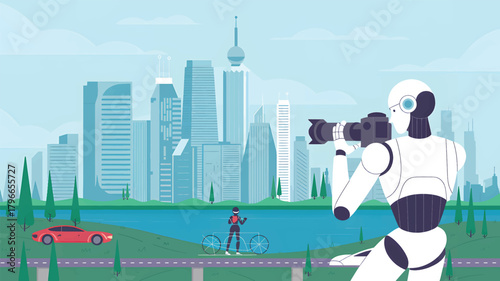 Robot taking photo of city skyline with cyclist and red car