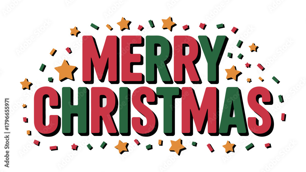 Fototapeta premium Festive Christmas Greeting: A vibrant message of Merry Christmas adorned with stars and confetti, radiating the joy and anticipation of the holiday season. 