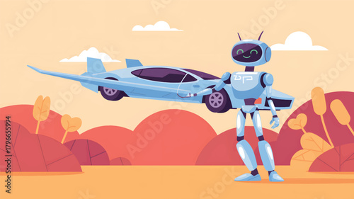 Robot charging futuristic blue car in abstract landscape