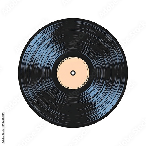 Artistic, isolated, grayscale vinyl record illustration. It displays the classic circular shape with grooves and a central label, on white