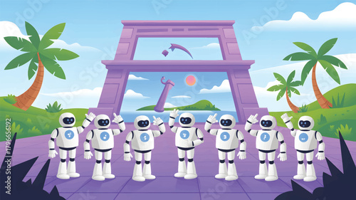 Seven white robots standing in front of a purple archway with palm trees
